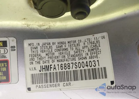 2007 Honda Civic Ex z USA, uszkodzony, nr VIN JHMFA16887S004031